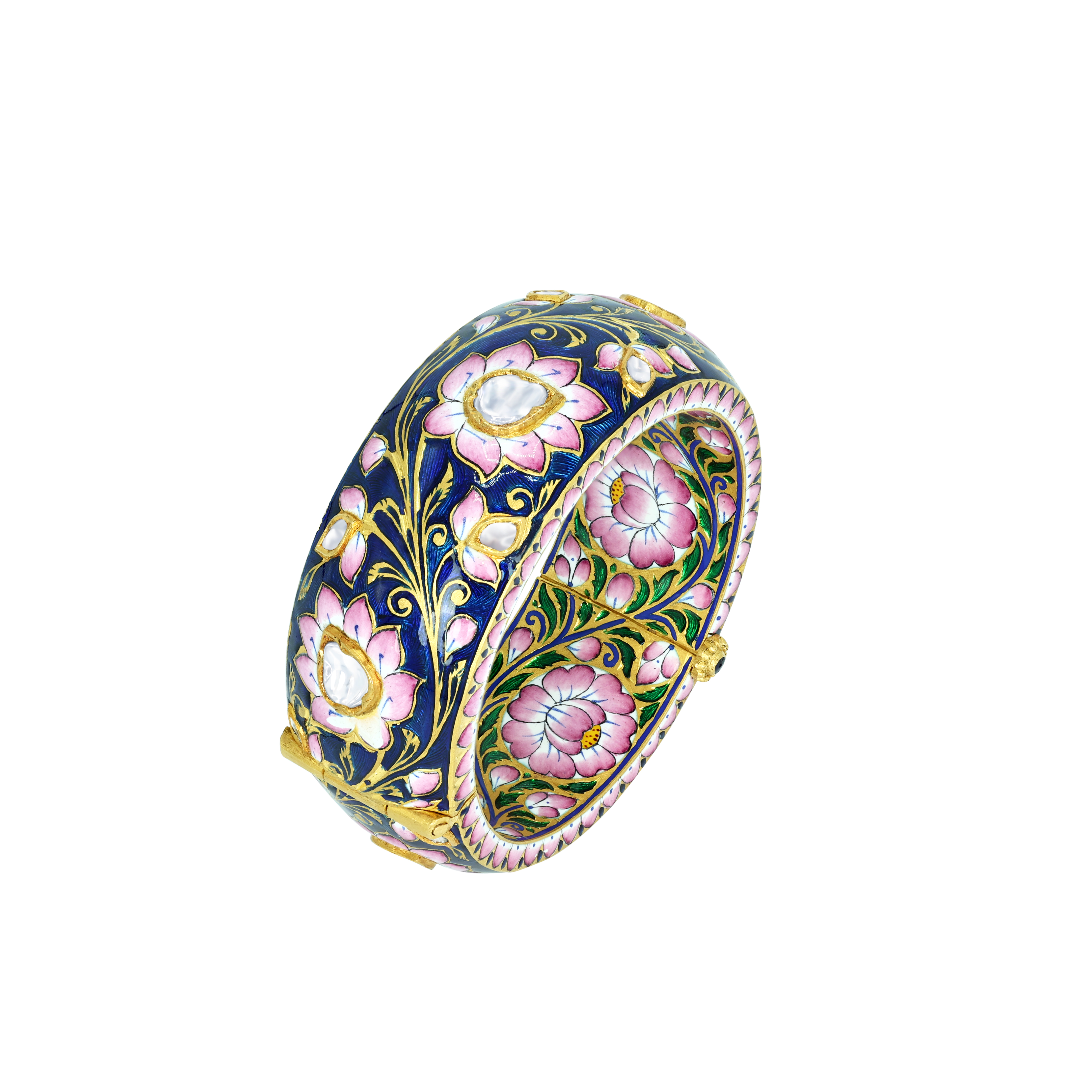 Indigo Bangle with Pink Floral Enamel and Uncut Diamonds